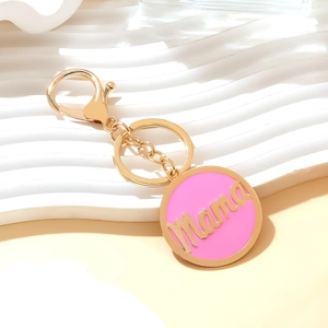 Chic golden Mama enamel pendant keychain with pink round charm and lobster clasp