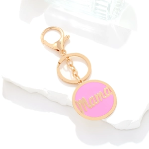 Pink enamel Mama pendant keychain in gold metal finish for Mother's Day gift