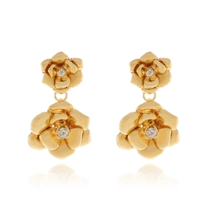 Boucles D'oreilles Pendantes Camélia Double Couche Alliage De Zinc Strass Bijou Rétro Élégant Pour Femme