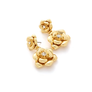 Boucles d'oreilles vintage en forme de rose dorée 3D avec cristaux étincelants au centre
