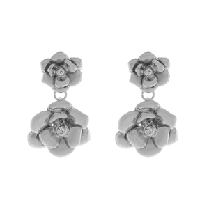 Boucles d'oreilles camélia double couche argentées vintage avec cristal étincelant