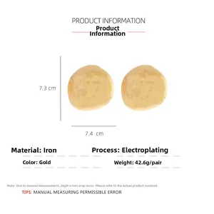 Detail specifications of golden irregular round earrings showing dimensions and hammered texture