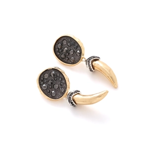 Vintage gold and black horn drop earrings with micro-inlaid black crystals on studs
