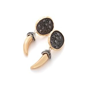 Vintage style gold horn earrings with black rhinestone circular relief and hammered metal finish