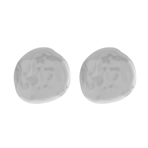 Minimalist silver irregular metallic earrings with organic textured finish on white background