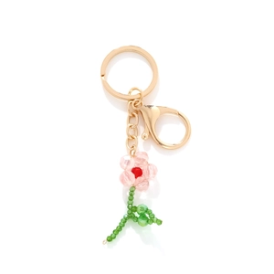 Handgefertigter Blumen Perlen Schlüsselanhänger Kristall Rosa Blüte Tasche Charm Süßer Stil Legierung Gold Verschluss