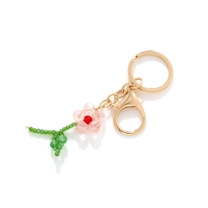 Handgefertigter Kristallblumen-Schlüsselanhänger mit rosa Blüten und grünen Blättern