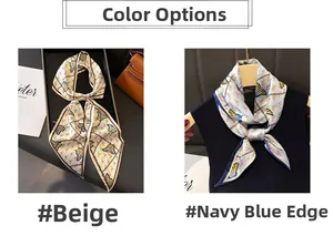 Detail of silk-like butterfly print scarves in beige and navy blue edge for women