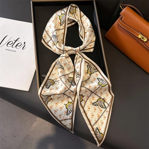 Butterfly Chain Print Skinny Scarf Elegant Polyester Faux Satin Double Layer Narrow Necktie Headband Women French Style