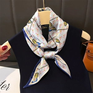 Elegant white silk scarf with colorful butterfly patterns and dark blue borders