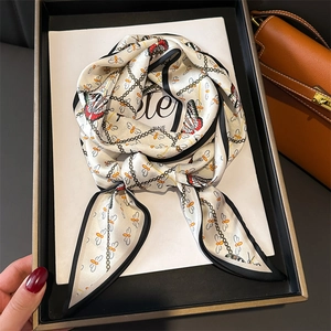Elegant white silk scarf with butterfly and chain print patterns for women stylish accessory