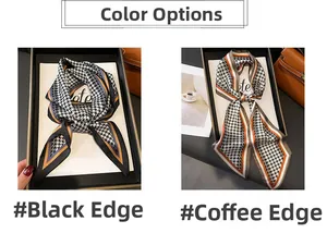 Detail of narrow houndstooth silk scarves in black and coffee borders inside a gift box