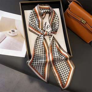 Houndstooth pattern silk scarf with H-letter design in caramel and black color