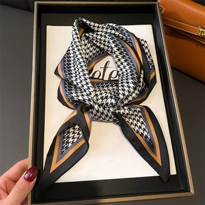 Houndstooth Pattern Double Layer Long Narrow Scarf Satin Feeling Polyester Ribbon For Women Elegant Commuting Style