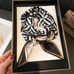 Geometric Pattern Long Narrow Scarf Polyester Satin Color Blocked Elegant Modern Neckerchief Hair Ribbon Bag Accessory