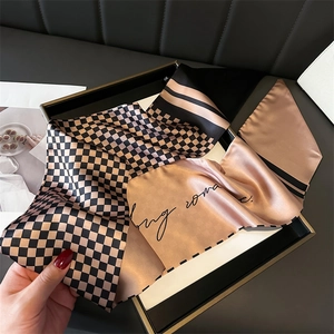 Houndstooth silk scarf with Stay Romantic text print in luxury champagne and black box