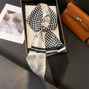 Houndstooth patchwork silk skinny scarf with stripes and checkerboard pattern for women