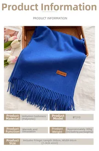 Detail view of Klein blue pashmina scarf with fringe edge, 200x66cm size information