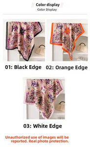 Detailed color display of vintage paisley silk square scarves in black, orange, and white