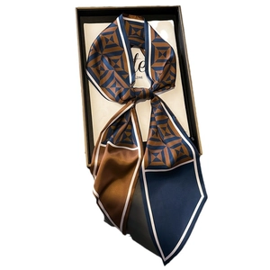 Geometric color-block twilly scarf in brown and navy silk-like fabric with white edges