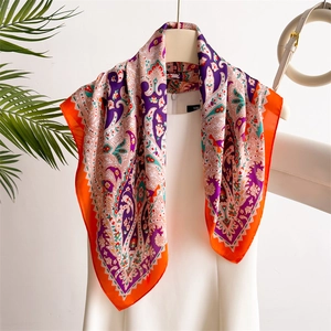 70cm vintage paisley silk scarf featuring vibrant orange borders and classic floral pattern