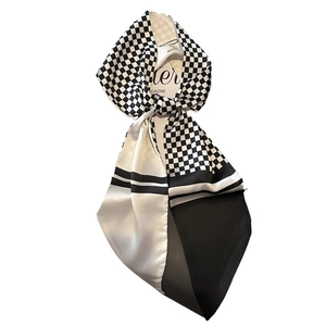 French style black and white houndstooth checkered silk scarf with split color design