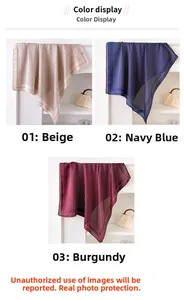 Detail display of printed silk-like square scarves in beige, navy, and jujube red colors