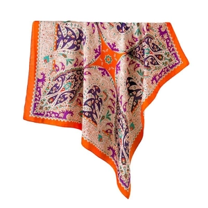 70cm paisley silk-like square scarf in vibrant orange and purple prints with satin finish