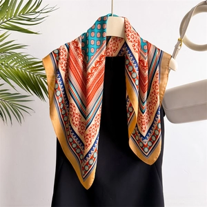 70cm vintage floral silk scarf with elegant blue and orange print for women neckwear