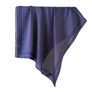 Navy blue satin silk square scarf with white paisley print, elegantly folded layout