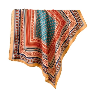 Retro ethnic style square silk scarf with geometric prints and vintage floral patterns
