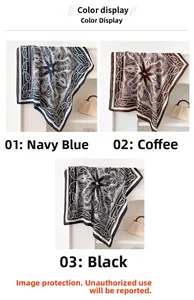 Detailed color display of paisley silk-like square scarves in navy, brown and black