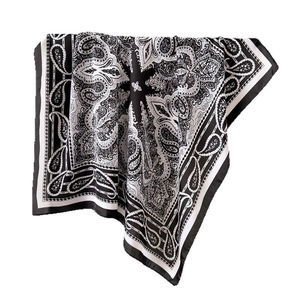 70cm black and white paisley print satin neck scarf with elegant draped silk texture