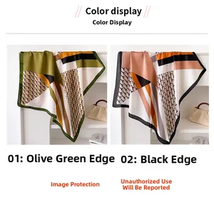 Detail of silk-like satin square scarf with houndsfoot pattern and geometric contrast blocks