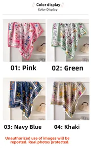 Détails de foulards en soie à motif marguerites en rose, vert, bleu marine et kaki