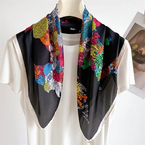 Floral print black silk scarf for women featuring yellow chrysanthemums and pink peonies