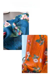 Detail of floral print on silky satin scarf with elegant rose and leaf patterns