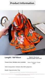 Detail showing 180x80cm floral polyester silk scarf draped with 125g lightweight texture