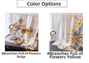 Gros plan sur les motifs floraux à l'encre des foulards en satin soyeux jaune et beige
