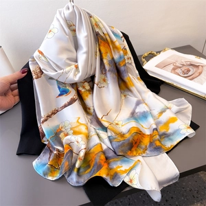 Élégant Longue Écharpe Femmes Châle Imitation Satin Imprimé Floral Encre Chinoise Protection Solaire Accessoire Mode