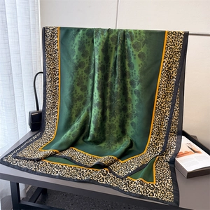 Elegant emerald leopard print silk-feel long scarf and shawl with vintage floral patterns