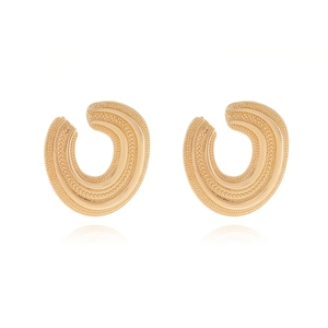 Vintage Gold C Shape Alloy Hoop Earrings For Women Textured Geometric Hollow Out Retro Fashion Studs