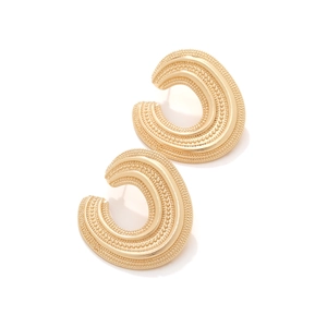 Vintage gold C-shaped chunky earrings with textured bead pattern on white background