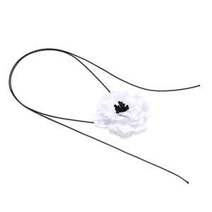 Handmade 3D white fabric flower pendant necklace with black cord and crystal stamen