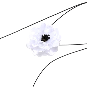 Fashionable white fabric flower pendant necklace with adjustable black cord and crystal center
