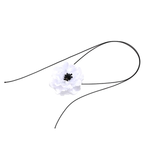 Handmade white fabric flower necklace with black crystal center and adjustable cord