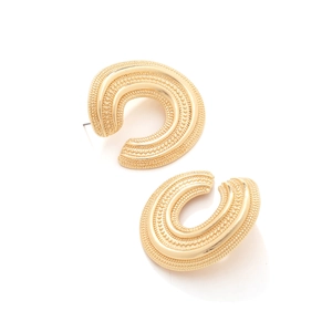 Vintage gold C-shaped alloy earrings with textured metal grains and geometric design