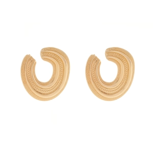 Vintage gold hollow C-shaped earrings with intricate micro-bead and linear textures