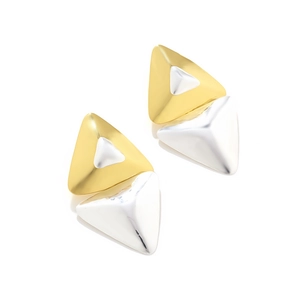 Close-up of geometric double-layer triangular earrings with gold and silver metal textures