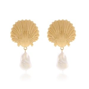Shell Artificial Pearl Drop Earrings Alloy Scalloped Baroque Imitation Artificial Pearl Ocean Beach Holiday Jewelry With Stainless Steel Earring Post
